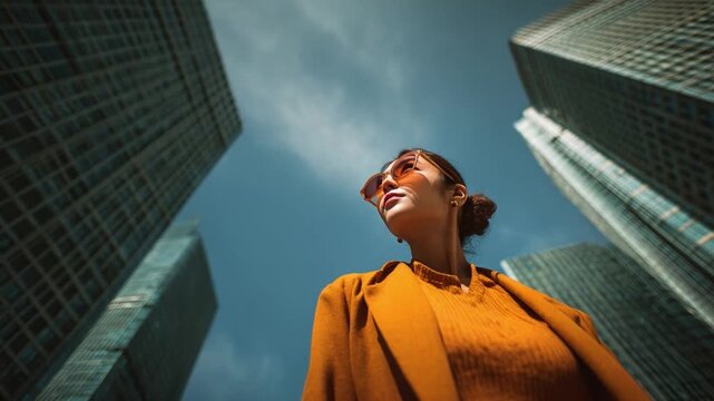 Modern Businesswoman and Towering Skyscrapers: A confident businesswoman gazes upwards, dwarfed by the imposing skyscrapers that form a cityscape, symbolizing ambition and urban life. 