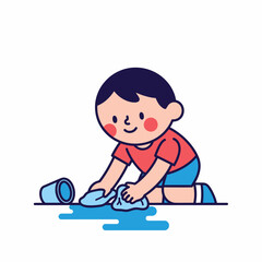 Cute cartoon boy cleaning up a spilled drink with a cloth.