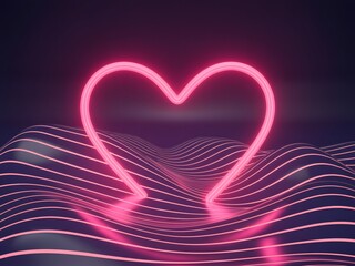 A vibrant neon pink heart shape glows brightly against a dark background with abstract wavy lines creating a futuristic and romantic atmosphere perfect for celebrations and expressions of affection