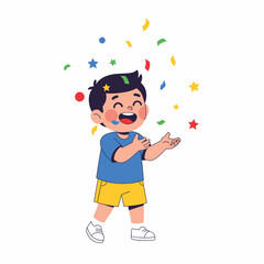 Happy boy celebrating with confetti falling around him.