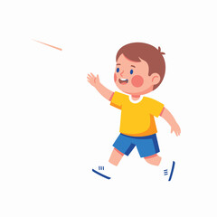 Happy child playing outdoors with a joyful expression and outstretched arm.