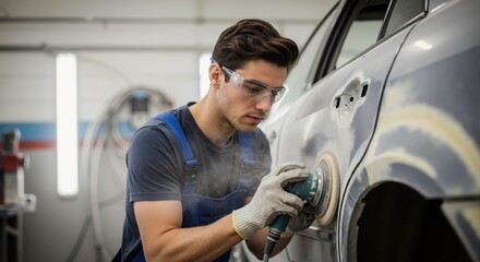 Focused auto mechanic sanding a car panel with a power sander in a workshop. Professional technician doing vehicle bodywork repair and preparation for painting