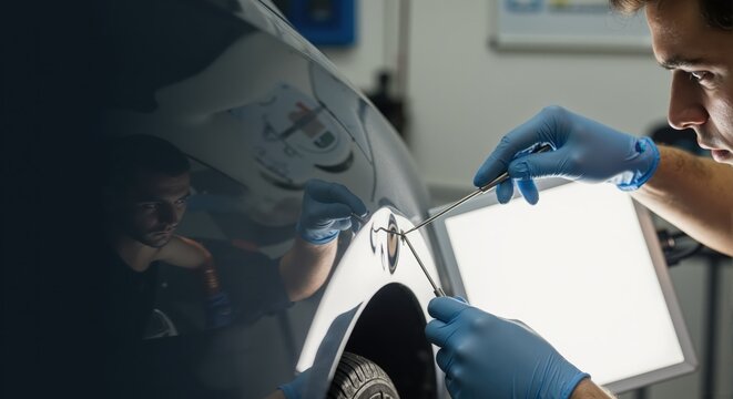 Mechanic repairing car dent with specialized tool. Paintless dent removal PDR process in auto body shop. Professional technician fixing vehicle damage with inspection light