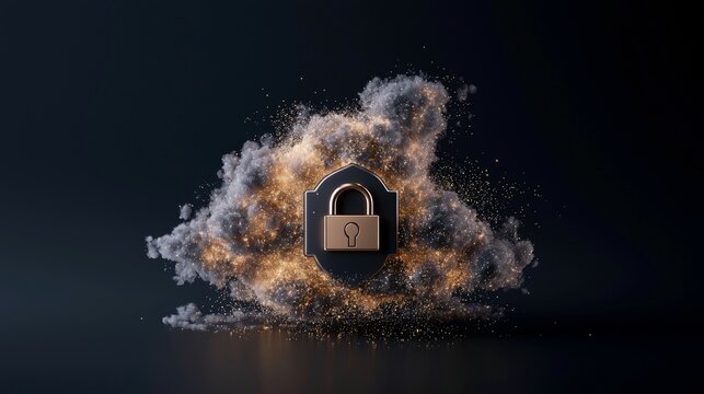 A golden padlock symbol is centrally placed on a dark shield, emerging from a dramatic cloud of smoke and glittering golden particles against a dark background.