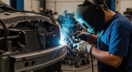 Professional welder repairing a car chassis in an auto workshop. Mechanic with protective helmet and gloves welding metal with bright blue sparks