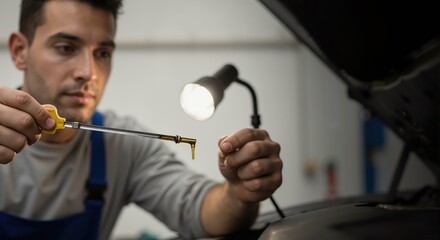 Auto mechanic checking car oil level with a dipstick. Male technician inspecting engine fluid using a work light in a garage