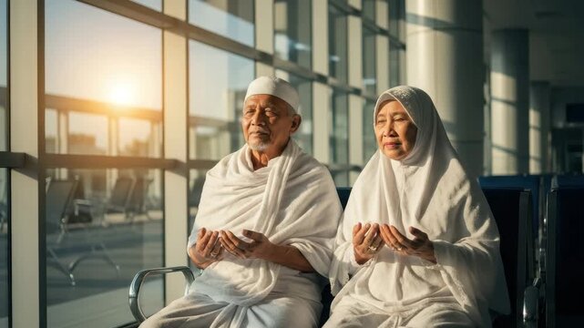 Two elderly individuals in traditional attire are praying together at the airport during sunset