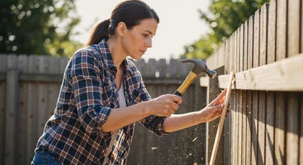 Woman building a wooden fence with a hammer in the backyard. DIY home improvement and construction concept