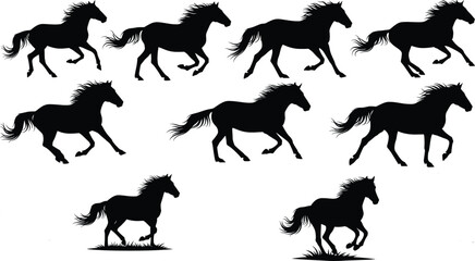 Horse silhouettes, galloping horses, running horse poses, equestrian design, animal motion, horse illustration, wild horses, horse artwork, animal locomotion, silhouette