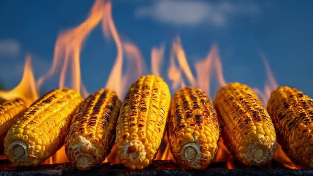 Golden corn on a blazing grill, kernels blistering as orange flames lick the edges and smoky aroma!!
