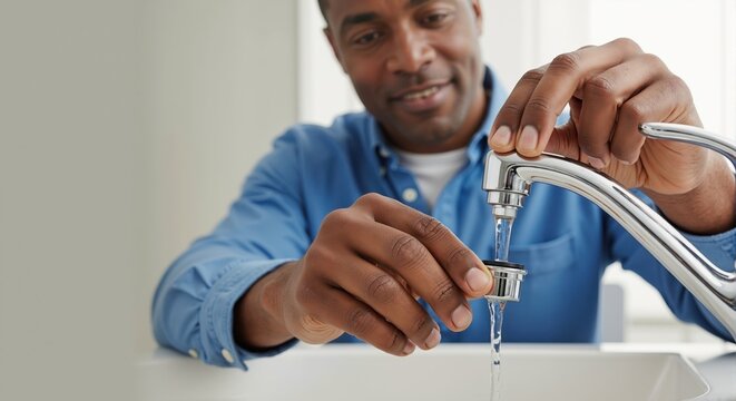 Smiling African American man fixing kitchen faucet. Happy male plumber installing water aerator on sink tap. DIY home improvement