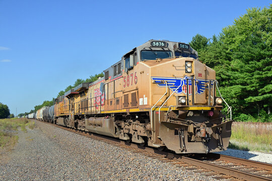 A Union Pacific freight train heads down a diverging track at Woodland Junction as it travels to the southwest towad Springfield, Illinois and St. Louis. 
