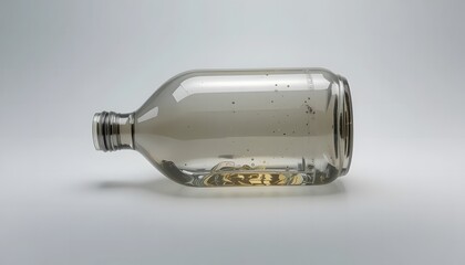 Transparent glass bottle lying on its side, reflecting light, showing subtle golden liquid residue inside. 2 gallon jug