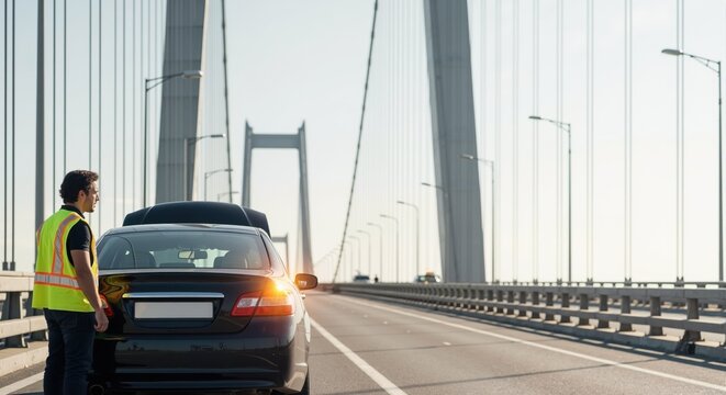Car breakdown on a suspension bridge. Male driver in safety vest standing by broken vehicle with open hood. Roadside emergency assistance concept - Powered by Adobe