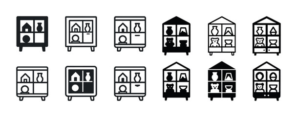 Collection of household cabinet icon variations in black and white
