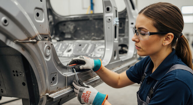 Female mechanic working on a car chassis in a factory. Woman automotive technician inspecting vehicle body with safety glasses. Industrial manufacturing concept