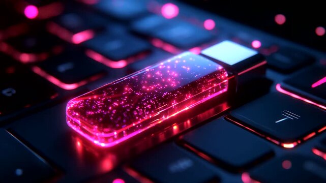 Glowing USB Drive on Keyboard with Sparkling Effects