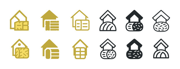 Variety of house and farm icons in gold and black styles