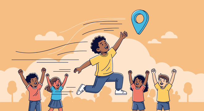 A diverse group of children enthusiastically cheers as one boy dynamically leaps towards a vibrant location pin, symbolizing ambition, success, and reaching a goal. - Powered by Adobe