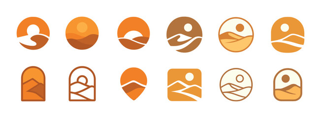 Abstract landscape icon set: minimalist mountain and sun designs
