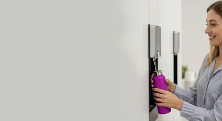 Smiling woman filling a purple reusable bottle at a water dispenser. Office worker hydrating with fresh water. Copy space for text