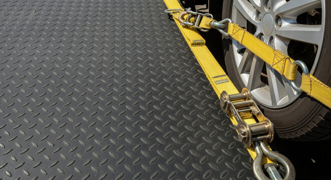 Yellow ratchet strap securing a car wheel on a metal trailer floor. Vehicle towing and transport safety concept with copy space