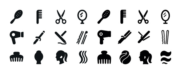 Hair styling icons set: brushes, combs, scissors, mirrors, hairdryers, curling irons