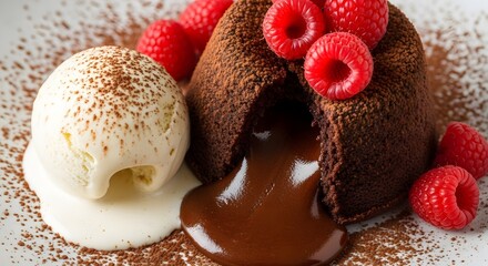 Close-up of a decadent chocolate lava cake with raspberries and vanilla ice cream on a white plate.