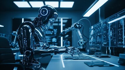 Advanced Futuristic Robot Working Intensely On Circuit Boards In A Dark Blue Lit Laboratory With Holographic Displays - Powered by Adobe