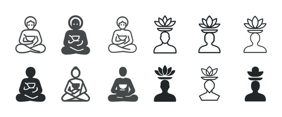 Mindfulness icons: meditation and balance with lotus and tea symbols