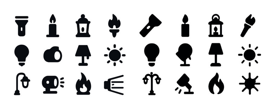 Collection of lighting icon set featuring bulbs candles lanterns and torches
