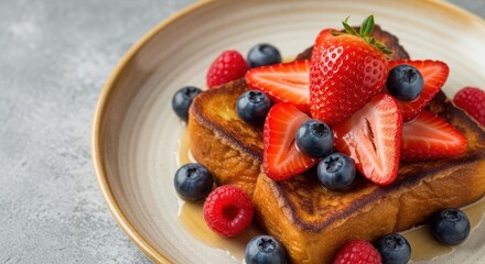 A delicious plate of French toast topped with fresh berries and syrup