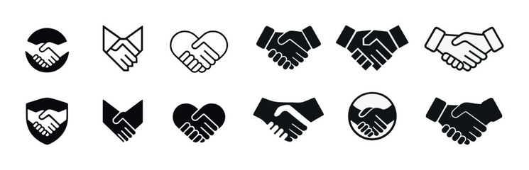 Collection of diverse handshake icons in various styles and shapes