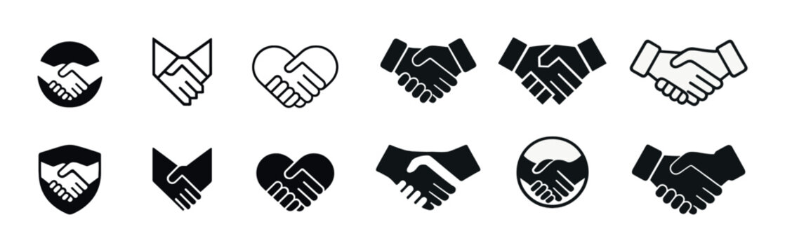 Collection of diverse handshake icons in various styles and shapes