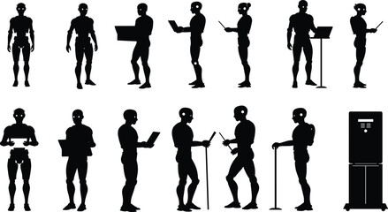 Humanoid robot silhouettes, black and white, futuristic AI, technology interaction, laptops, tablets, podium, machine operation, robotics illustration, innovation