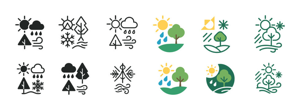 Set of four seasons icons depicting nature elements with sun, rain, snow, and wind
