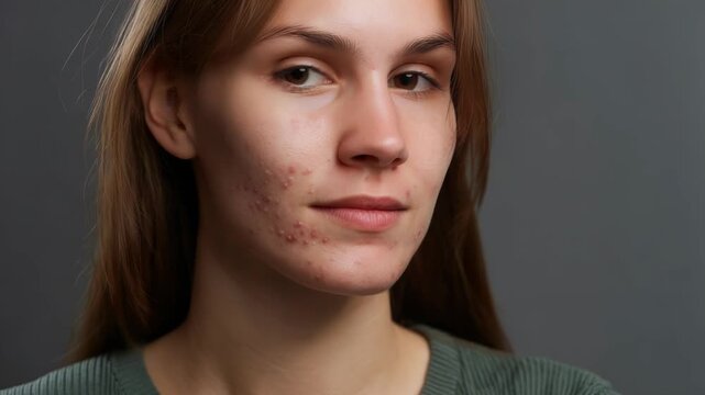 Young woman with acne problems, skin issues, dermatology concept