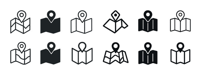 Collection of map icons with location pins in simple outline and solid styles