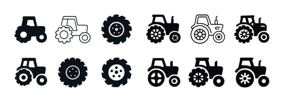 Set of farm tractor and wheel icons in various styles