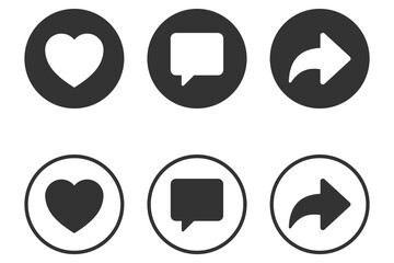 Social media action icons (heart, comment, share) : Social media interaction icons set: Heart Like, Comment, and Share in black and white styles. perfect for social media interfaces and app controls