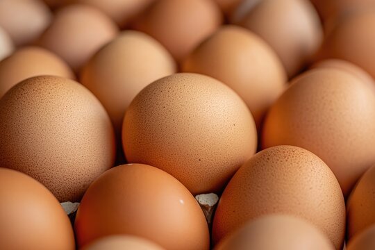 A close-up shot of a dozen brown eggs in a carton, with the focus on the texture of the shells and the arrangement of the eggs. - Powered by Adobe