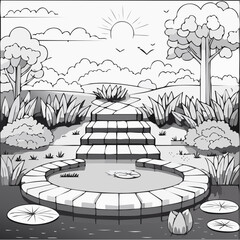 Serene Garden with Pond and Steps Coloring Page.