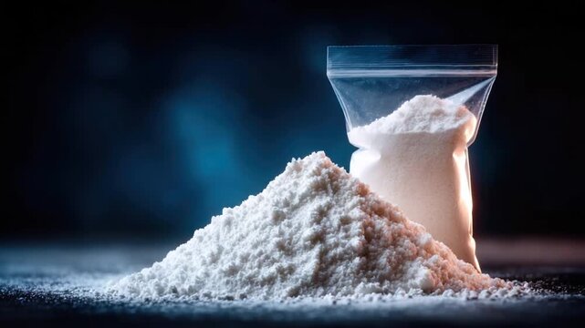 White powdery substance spills from a plastic bag and forms a mound on a dark surface