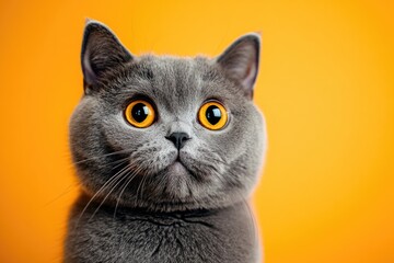 A gray cat with wide, expressive eyes and a curious expression, sitting against a vibrant orange background.