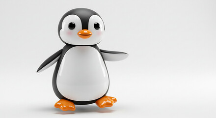 Fototapeta premium Charming 3D rendered penguin character with rosy cheeks stands brightly lit on a clean white background.. AI Generated