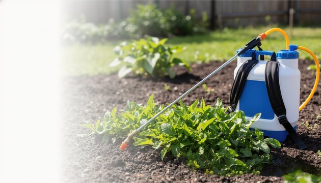 Garden pressure sprayer on soil in a vegetable field. Blue and white backpack pesticide pump for agriculture. Copy space for text