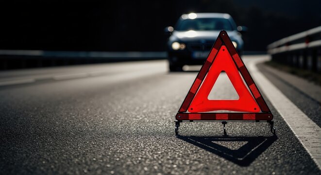 Red warning triangle on asphalt road. Car breakdown scene with blurred vehicle in background. Emergency and road safety concept