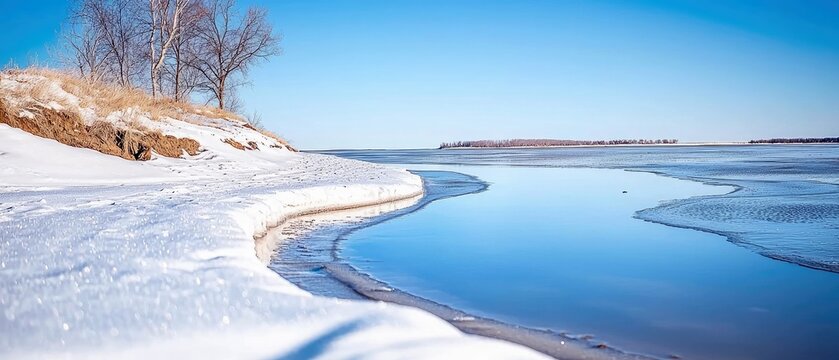 A serene winter landscape featuring a snow-covered riverbank with patches of ice and open water. Bare trees are visible on the bank under a clear blue sky.