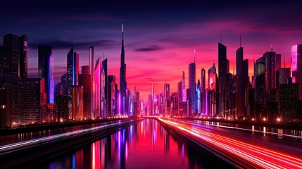 A vibrant, futuristic city skyline illuminated by neon lights and reflecting in the water at dusk, with streaks of light from moving vehicles.