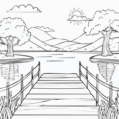 Serene Lakeside Dock with Trees and Mountains Line Art.